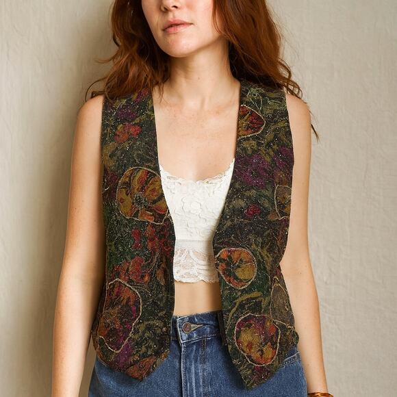 Vintage 1990s Jane Ashley Black Abstract Embroidered Sparkly Vest Large - Picture 1 of 8